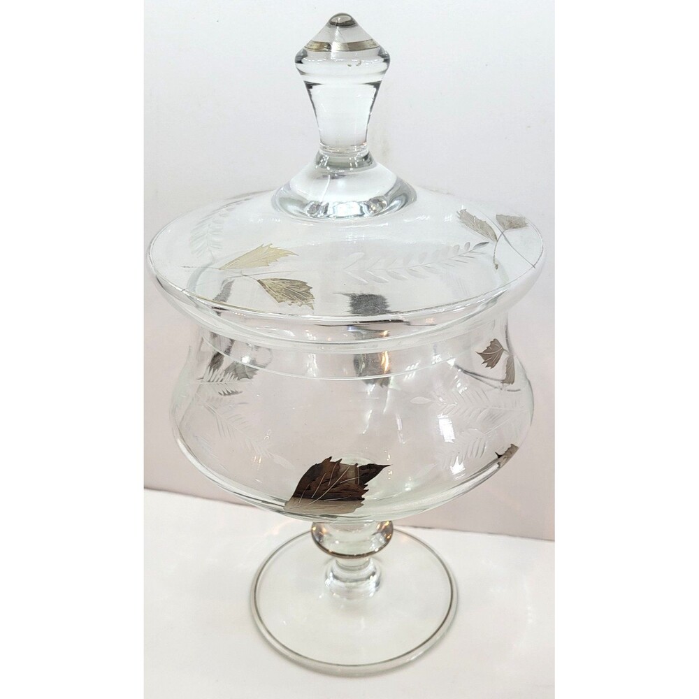 Vintage Libbey Silver Foliage Footed Covered Candy Dish Compote 9.5"